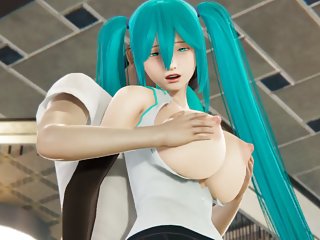 Miku gets her boobs massaged, her ass licked and a big dildo in her pussy.