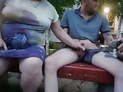 jerking off my cock in the yard on a bench