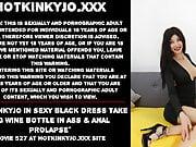 Hotkinkyjo in sexy black dress take big wine bottle in ass