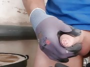 Young guy jerks his uncut cock to huge cumshot at work