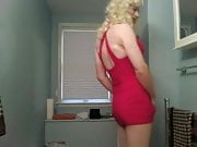 Blonde in short red dress