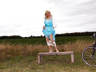 Saucy Biking - Public Posed In Chiffon Gown, Silk Lingerie And Nylon Stockings