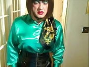Candi Smokes in gren satin blouse and leather skirt