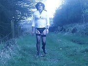 walking crossdressed on a country path