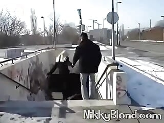 Blonde Pornstar Nikky Blond Sucks Cock Outdoors.