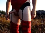 Cum wearing Red tartan stockings.
