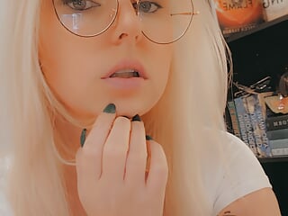 Hot nerdy blonde in glasses plays with pussy