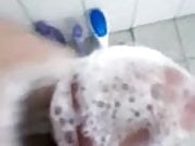 Hard White cock takes shower.
