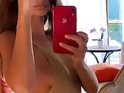 Emily Ratajkowski side-boob in beige dress, hot selfie