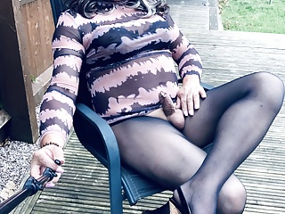 Cd Kelly horny wank in see thru dress black tights heels 