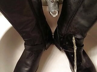 Piss on female friends riding boots