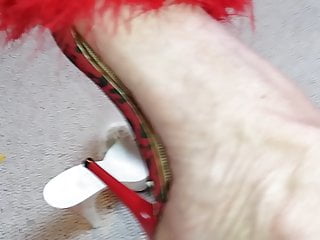 very long toenails in fluffy mule slippers