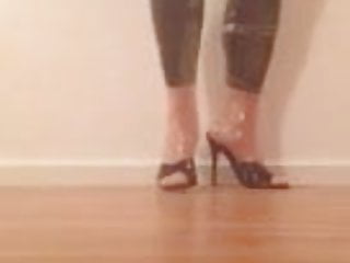 Walking in black Nylons and sexy High Heel Mules