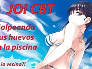 Spanish JOI HENTAI CBT en la piscina azotando tus huevos a escondidas.