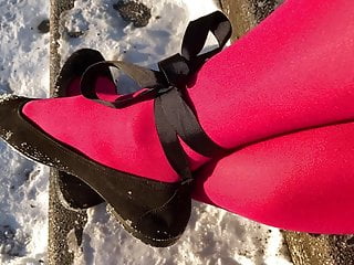 Crossdresser Posing In Pink Pantyhose On Snowy Stairway...